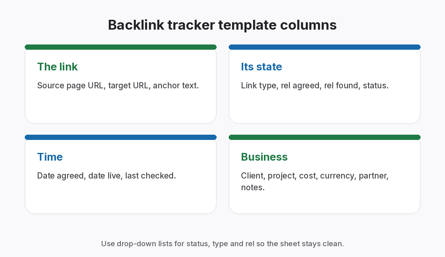 Backlink tracker template columns grouped into four blocks: the link (source page, target URL, anchor), its state (link type, rel value, status), time (date live, last checked) and business (client, project, cost, partner, notes)