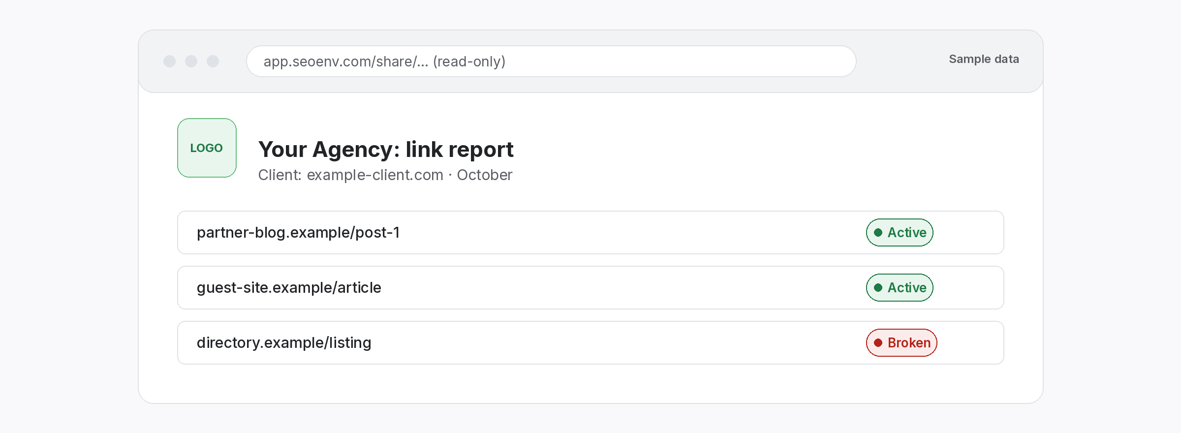 Read-only client share link showing a branded sample link report with link statuses