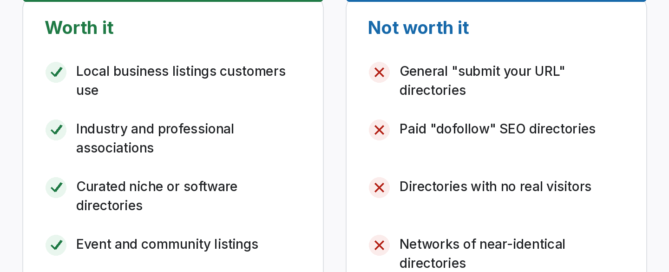 Which directory backlinks are worth it: local business listings, industry associations and curated niche directories are worth it, while general submit-your-URL directories and paid SEO link directories are not