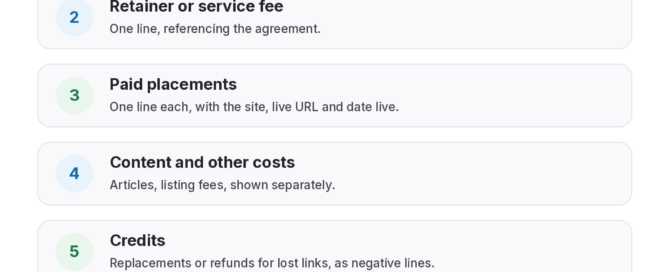 Example link building invoice structure: header with client and period, line items grouped into retainer, paid placements with live URLs, content and credits, then subtotal, tax and total, with a note linking to proof of placement