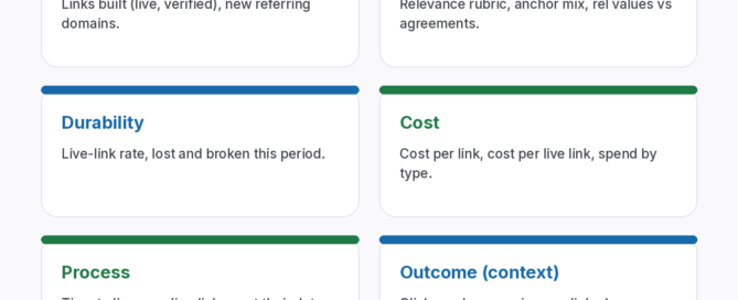 Link building KPI scorecard in five groups: output (links built, new referring domains), quality (relevance, anchor mix), durability (live-link rate, lost and broken), cost (cost per live link) and outcome (target page clicks and conversions)