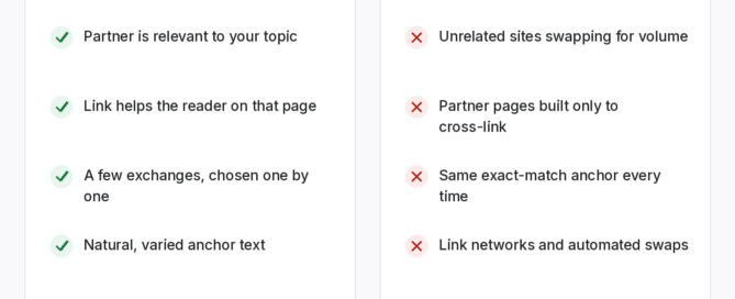 Two-column comparison of lower-risk link exchanges, such as relevant partners and varied anchors, against higher-risk ones, such as volume swaps, cross-link-only partner pages and link networks