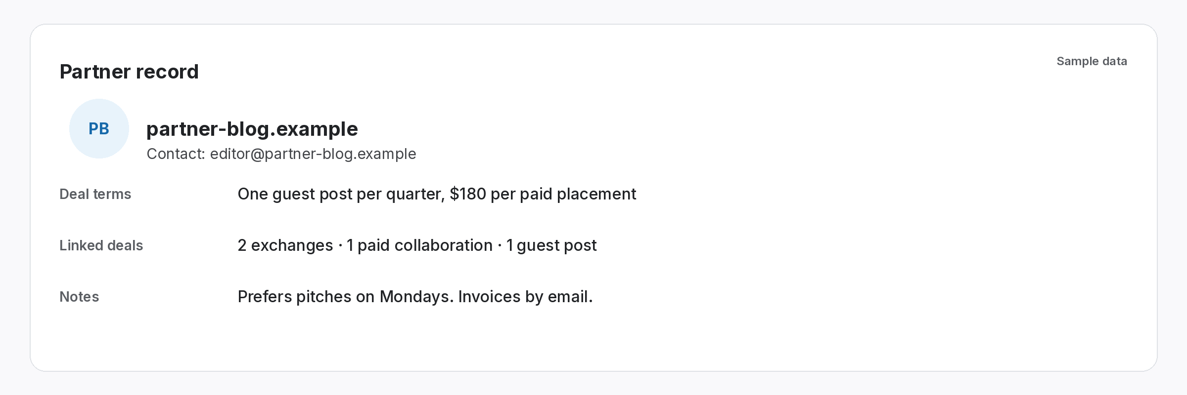 partner-record-contact-terms-deals Sample partner record with contact, deal terms, linked deals and notes